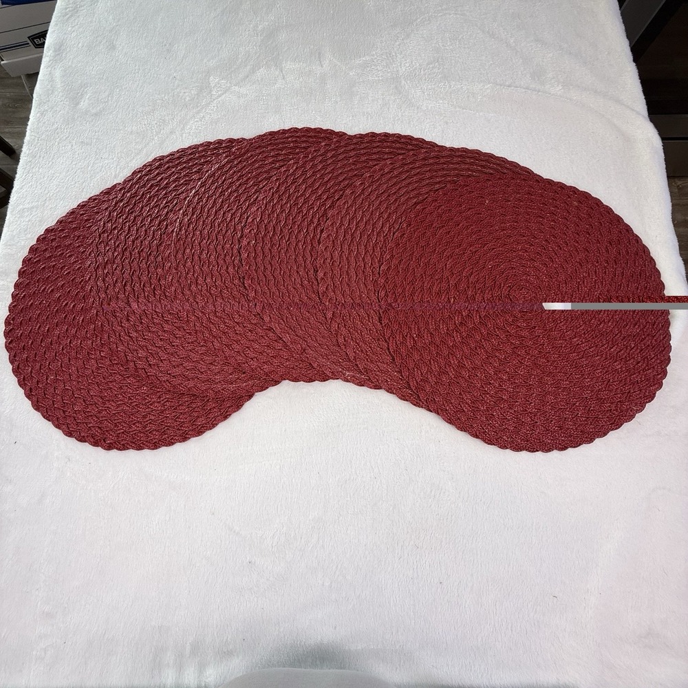 Set of 6 Red Round Braided Woven Placemats 15” Rustic Farmhouse Table Decor